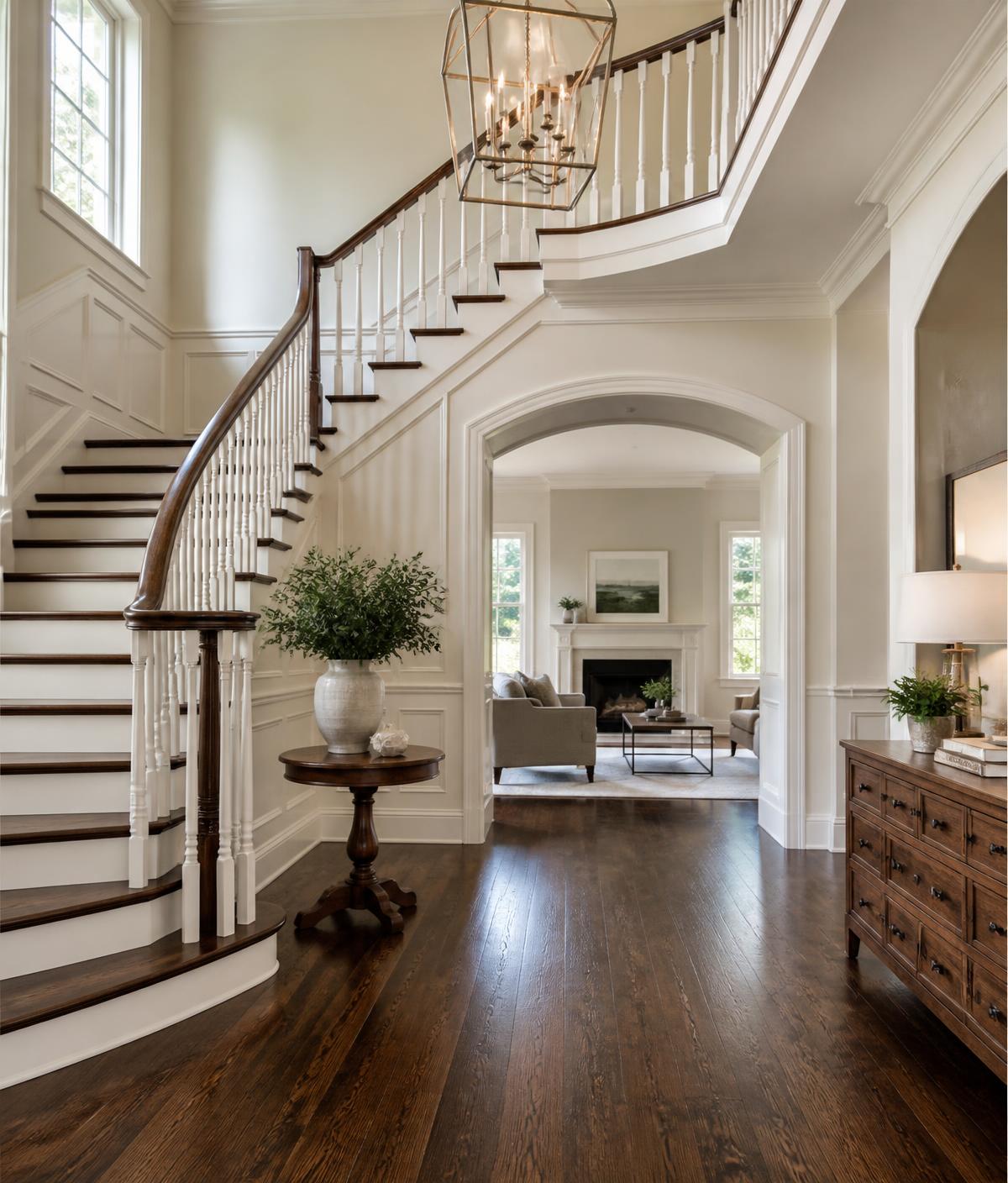 Dark walnut hardwood floors in an elegant home entryway