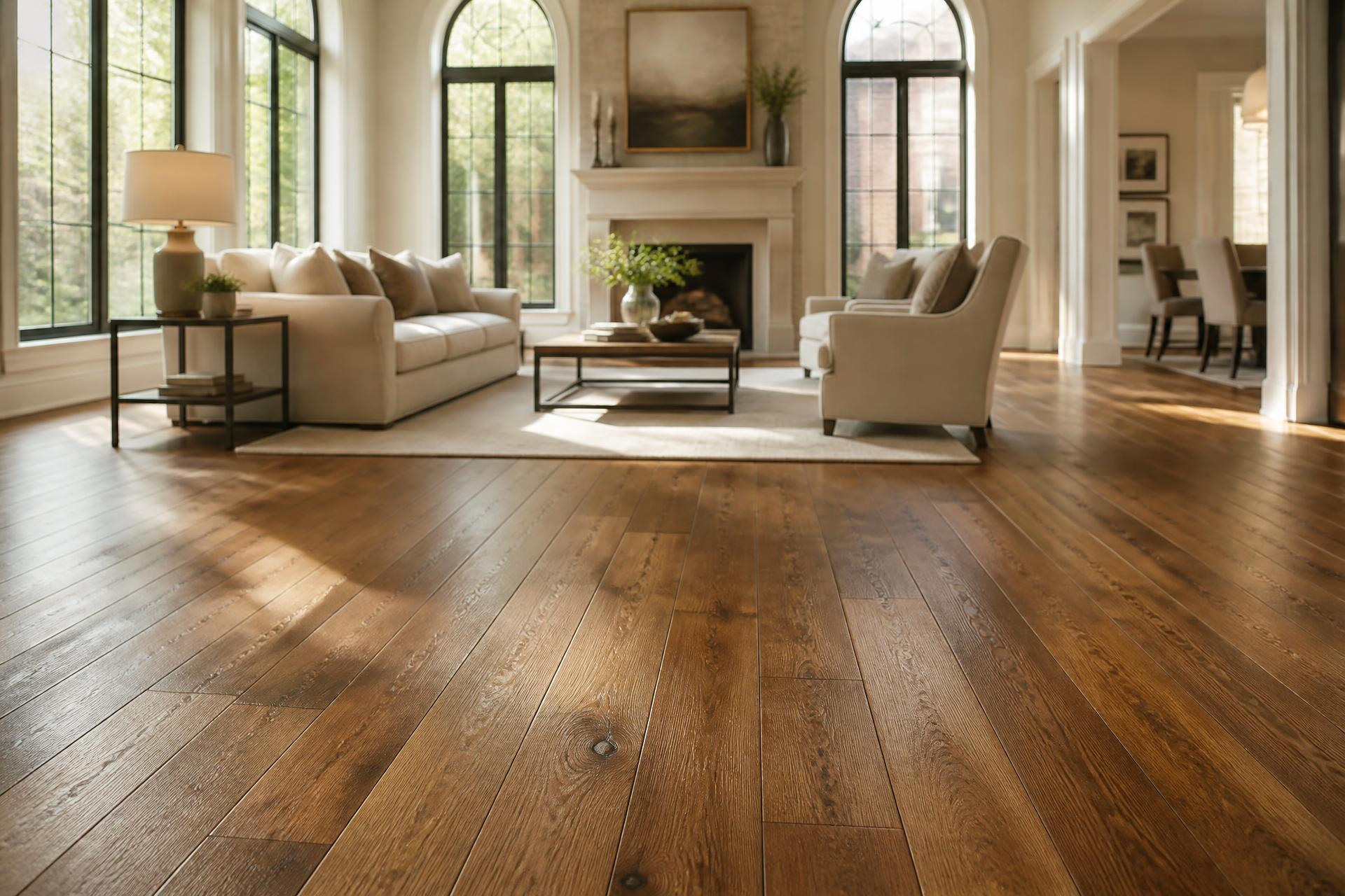 Wide plank hardwood flooring in a sunlit Charlotte living room