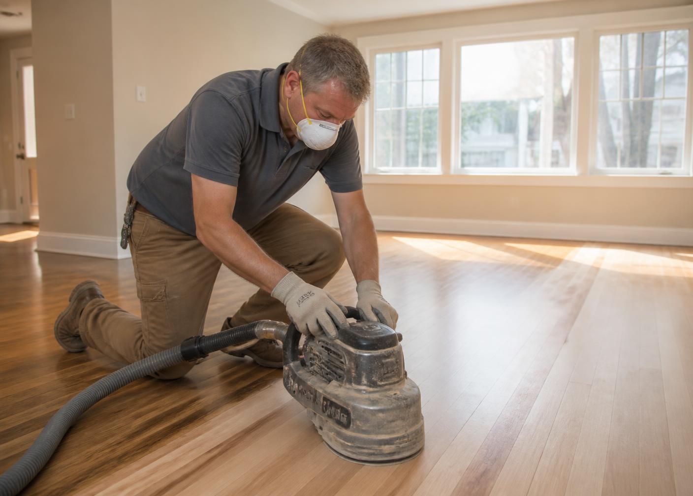 Craftsman sanding and refinishing a hardwood floor