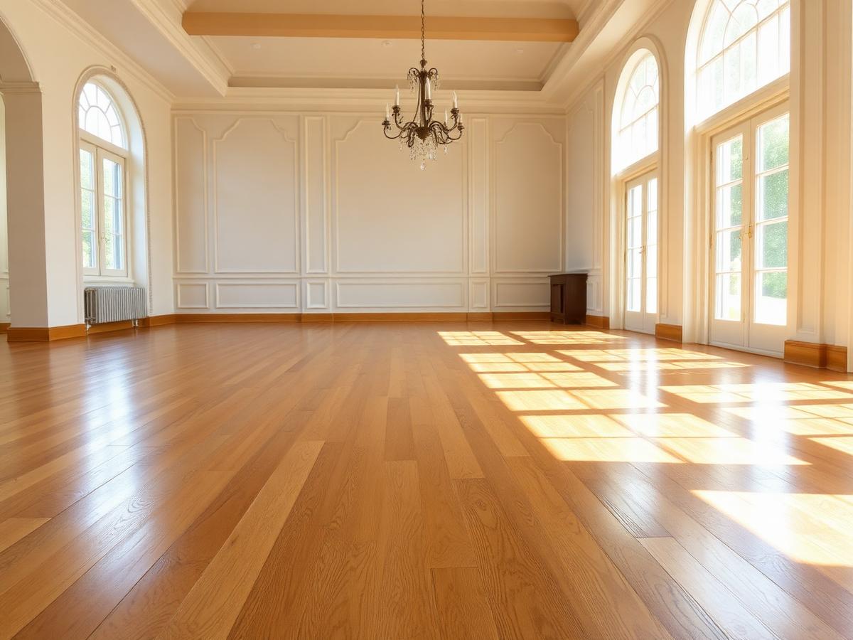 Newly refinished golden oak hardwood floor in an empty living room