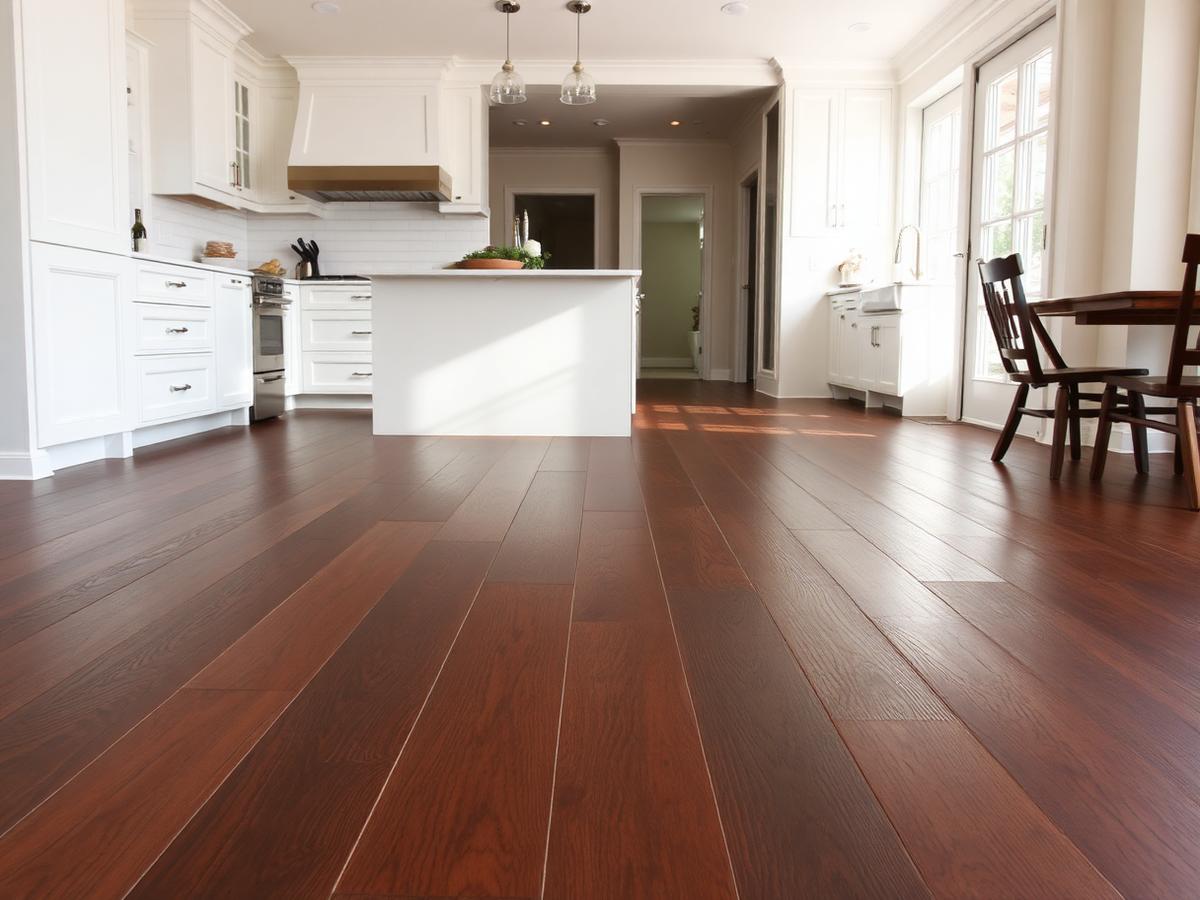 Dark wide plank hardwood floor in a white kitchen