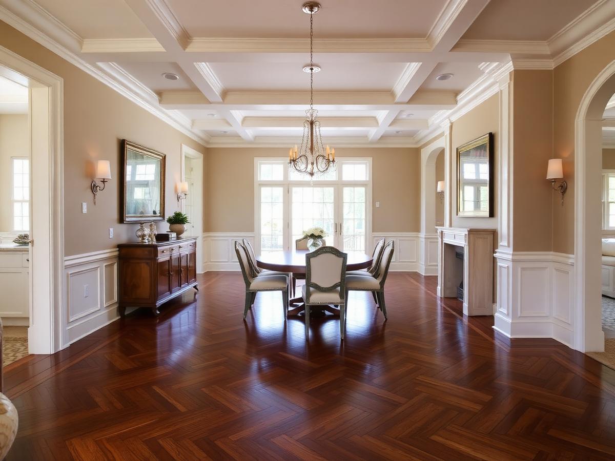 Herringbone hardwood flooring in a dining room